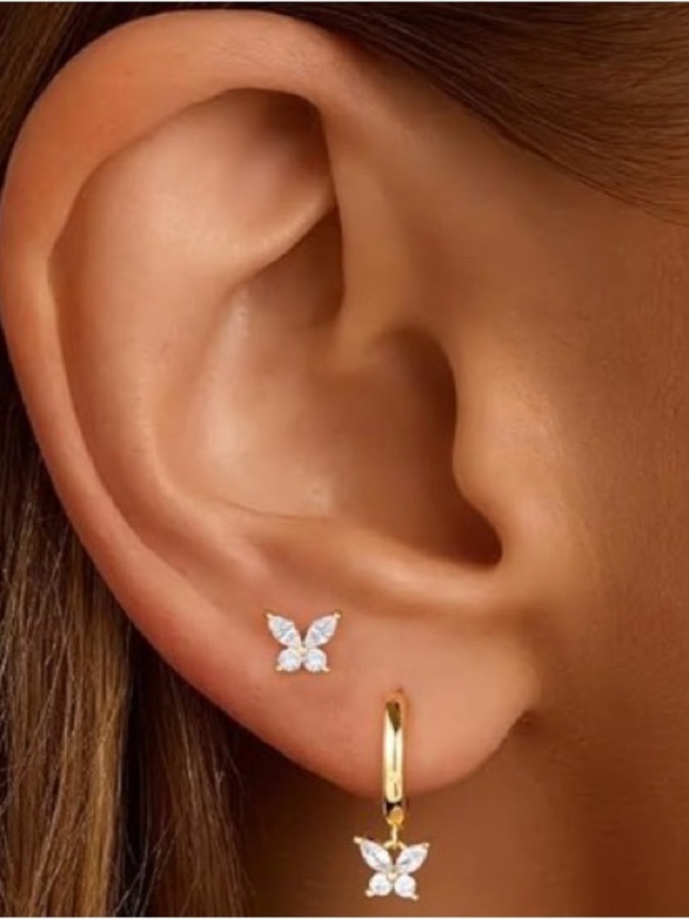 #227 Gold Plated Butterfly Cubic Zirconia Stud/ Huggie Earrings Set